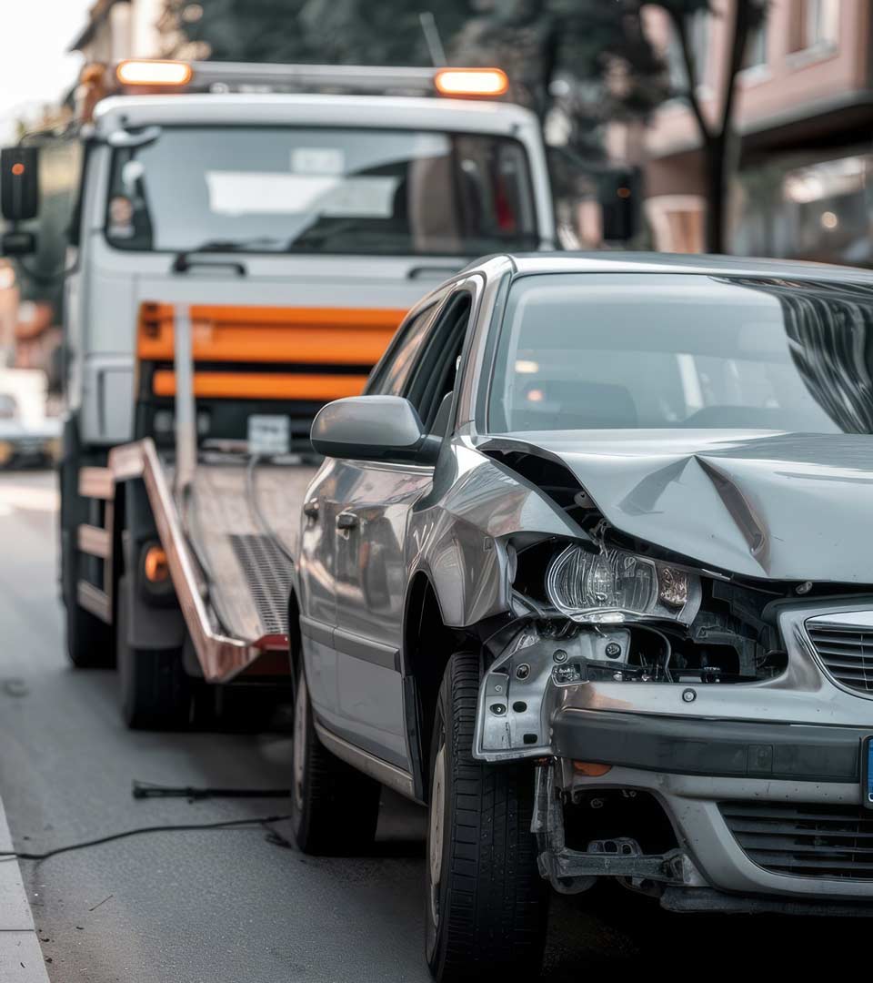 Unfallwagenankauf Eppingen: Beschädigtes Auto wird nach dem Unfall per Abschleppwagen abgeholt.